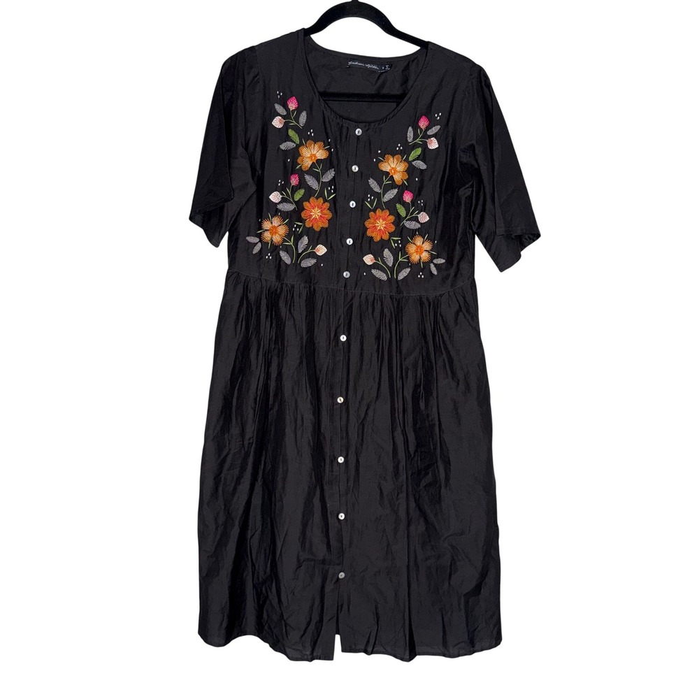 Gudrun Sjoden Dress Womens S Black Excellent Floral Embroidered Silk Cotton Folk